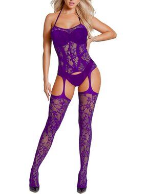 Women's Body Stocking Purple Acrylic Attached Stockings Lingerie Bodysuit Soft